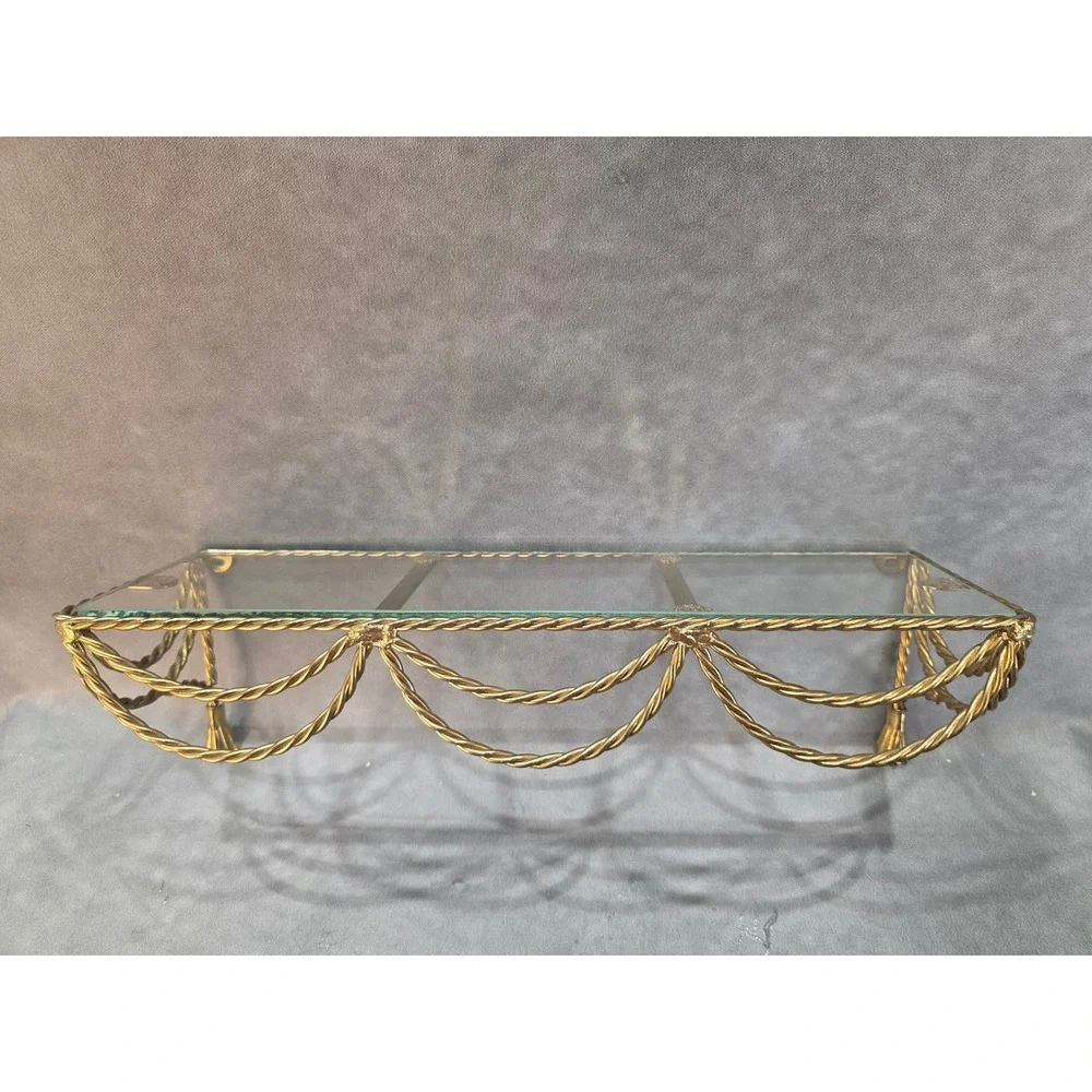 Vintage Hollywood Regency Gold Swag Tassel Metal Glass Wall Shelf Brass Tone